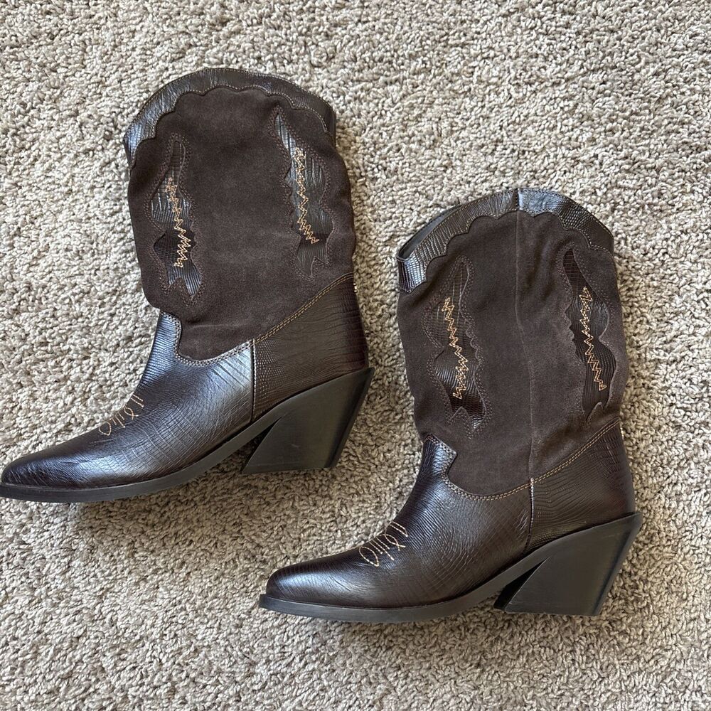 Circus by Sam Edelman Kitty Brown Pointed Toe Block Heeled Western Booties Sz 9
